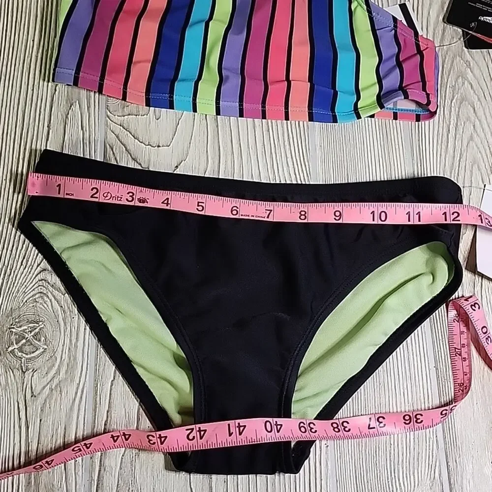 Speedo Girl's Size 14 Black Pink Blue Striped Bikini Swimsuit NWT